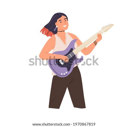 Young modern woman playing rock music on electric guitar. Happy smiling female guitarist. Rocker musician performing on string instrument. Flat vector illustration isolated on white background