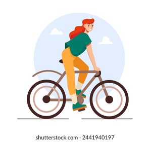 Joven Mujer Moderna Anda En Bicicleta. Transporte respetuoso del medio ambiente. Actividades deportivas. Cuidando el medio ambiente. Ilustración vectorial de dibujos animados.