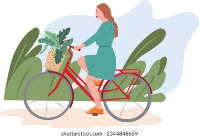 Joven mujer moderna montando bicicleta con canasta en la naturaleza. Feliz ciclista en bicicleta - concepto de transporte ecológico. Ilustración vectorial plana coloreada aislada en fondo blanco