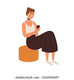 Young modern woman sitting with mobile phone, texting. Happy smiling girl holding smartphone, surfing internet, using social networks. Flat vector illustration isolated on white background.