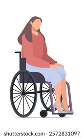 Young modern woman sitting on wheelchair in casual, elegant, business outfit. Female character dressed in a blue skirt and brown sweater. Female office worker. Vector illustration. Not AI generated