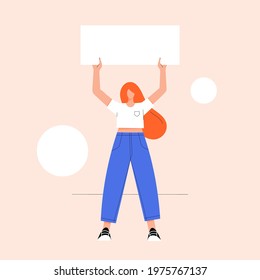 Young Modern Woman Standing And Holding Up A Blank White Sign With Place For Text. Girl Power And Women Rights Concept. People Flat Vector Illustration.