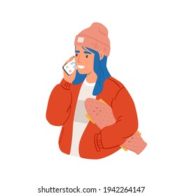 Young modern woman talking on mobile phone. Happy smiling teenager speaking on smartphone. Colored flat vector illustration of trendy person using cellphone isolated on white background