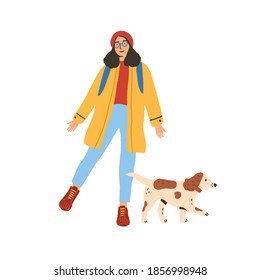 Young modern woman walking with her pet. Happy female person and dog isolated on white background. People with domestic animal. Colorful hand drawn flat vector illustration