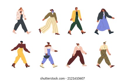 Young modern woman walking on street. Happy women in casual clothes going outdoors set. People in fashion stylish outfits strolling. Colored flat vector illustrations isolated on white background.