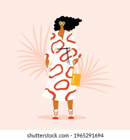 Young modern woman wearing trendy patterned dress. Summer vacation fashion outfit and accessories. Hand drawn girl character colorful vector illustration.