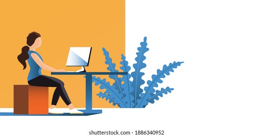 Young modern woman work in the office at the computer. Place for text. Vector flat illustration banner.