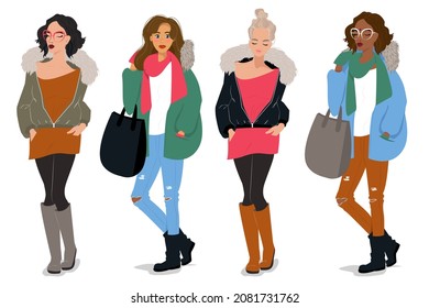 Young modern women of different nationalities, Indian, Asian, European. Vector illustration in flat style.
