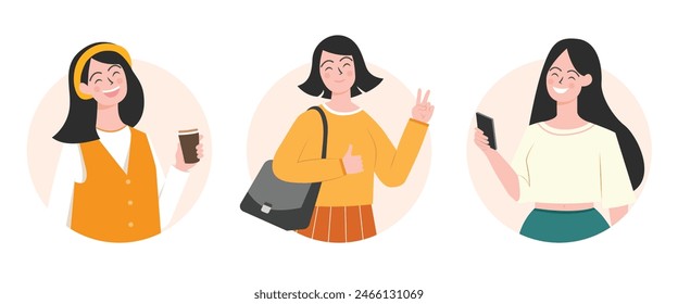 Junge moderne Frauen genießen das Leben, Kaffee halten, zur Schule gehen, arbeiten, Selfie. Flache Zeichen. Vektorillustration