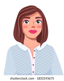 A young, modernly made-up girl with a short cut, closeup. Video blogger, stramer, coach. Master class makeup. Online blog internet channel content video tutorial concept. Vector flat cartoon
