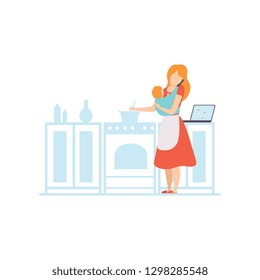 Young Mom with Baby in Sling Cooking in the Kitchen and While Working with Laptop, Freelancer, Parent Working with Child, Mommy Businesswoman Vector Illustration