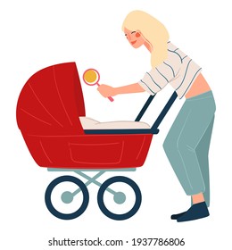 Young mom caring for kid laying in perambulator. Isolated mother with buggy playing with newborn child. Parenthood and childcare, female character with pushchair and toddler. Vector in flat style