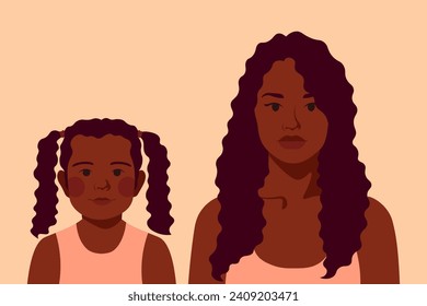 Young mom with a child as a concept of motherhood, family for Mother's Day. Flat vector illustration of African American woman and little girl portrait isolated on orange background.