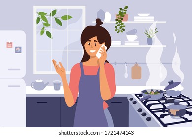 Mamá joven cocina comida casera. Una mujer educada se distrajo por teléfono y prendió fuego a la cocina. Una chica ocupada dejó una sartén en el horno y quemó la cena. Ilustración vectorial del problema de las amas de casa y las multitareas