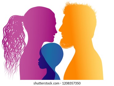 Young mom and dad adopt an African or African American child. Vector color profile silhouette
