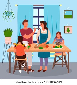 Young mom and dad cooking with daughters at kitchen, people sitting, standing near kitchen table. Woman cutting carrot, man feed woman. Leisure time of family at home. Cartoon characters, flat style