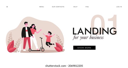 Young mom, dad and happy kid with scooter. Flat vector illustration. Parents giving their son scooter, walking together in nature. Family, transport, entertainment, gift, attention, childhood concept