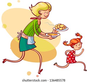 Young mom feeding naughty daughter. Vector illustration