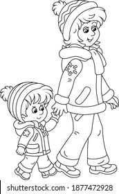 Young mom and her little daughter friendly talking and walking together hand in hand on a winter stroll, black and white outline vector cartoon illustration for a coloring book page