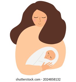 Young mom holding her baby sleeping in her arms and smiling from happiness. Mother's day and newborn baby infant health care concept.