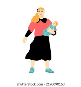 Young mom holding her baby on hands. Portrait of mother and her newborn kid. Vector flat illustration on a white background
