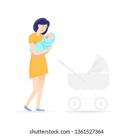 Young Mom is holding little baby on hands. They walk open air on stroller. Motherhood, parenting and childhood concept. Vector illustration in flat style isolated on white background