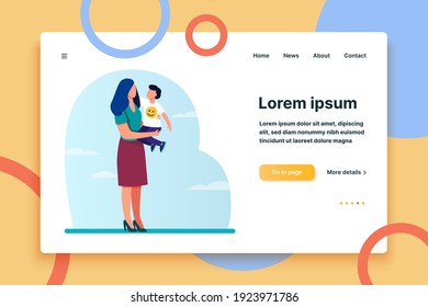 Young mom holding toddler child in arms. Mother and son standing outdoors, hugging flat vector illustration. Motherhood, child care, family concept for banner, website design or landing web page
