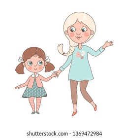 Young mom holds his little daughter by the hand. Mother and girl look at each other. Caring parents. Isolated vector image on white background.