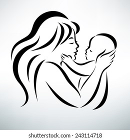 young mom hugs her baby, stylized vector symbol