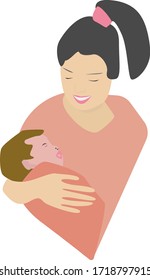 Young Mom love with baby. Card for mother`s day. Mother hold child. Vector Illustration. 
