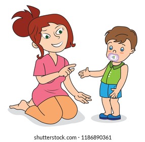 Young Mom mother talking with her boy kid kindergarten little giving some instructions teaching counseling pacifier in mouth