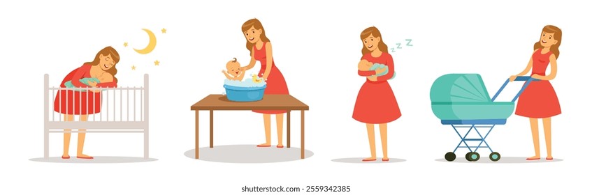 Young Mom Parent with Her Baby Kid Vector Set