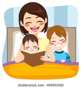 Young Mom Reading Tale Story To Baby Girl And Son Together On Bed