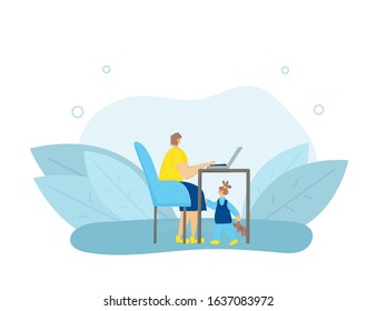 Young mom sitting at desk and working on computer at home with her kid. Female freelancer doing her job and daughter under table. Woman browsing on internet with little girl. Vector flat illustration.