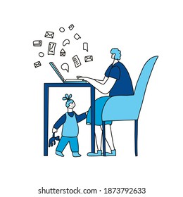 Young mom sitting and working on computer at home with her kid. Freelancer doing her job with her daughter under table. Woman with little girl. Mother and child lifestyle. Vector illustration.