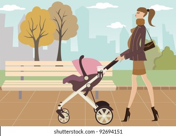 Young mom taking her baby for a stroll through park