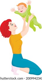 young mom throws up baby vector on white background