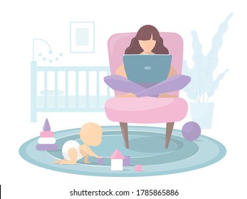 Young mom working from home at the computer. The child plays on the floor with toys and bloks. The cat is sitting on the carpet. In the background is a bed and a home flower. Vector flat illustration.