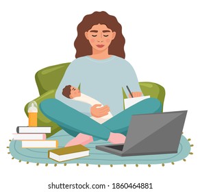 Young mom working remotely on laptop while taking care of her baby. Concept of online education, freelance, remote work. Vector illustration.