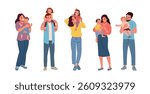 Young  moms and dads with children. Vector cartoon flat style illustration
