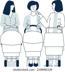 Young moms talking and walking together. Women with strollers