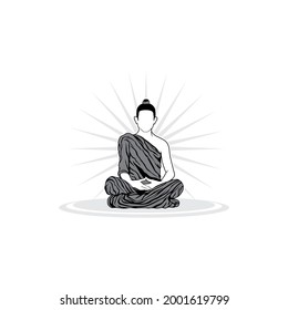 Young monk meditating on light background. Meditation man logo