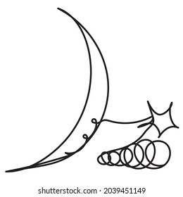 Young month star and cloud one line on white background. Stock illustration with mystical night view in contour linear style. The heavenly body in the dark. Witchcraft and witches' sabbath. Halloween.