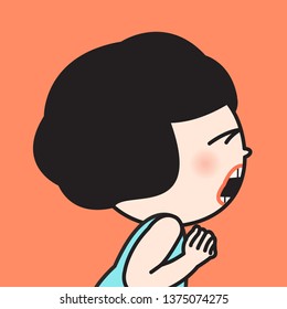 Young Moody Grumpy Dark-haired Woman Screaming In Profile, On Orange Background Concept Card Character illustration