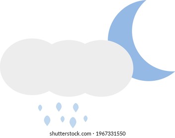 Luna joven con caídas de nube y lluvia, ilustración de icono, vector sobre fondo blanco