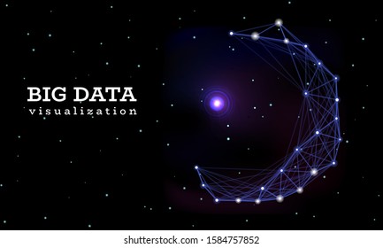 The young moon is made of high-tech lines and big star in center. Big data innovation technology. Blockchain network analysis.  Artificial intelligence. Vector illustration on black background