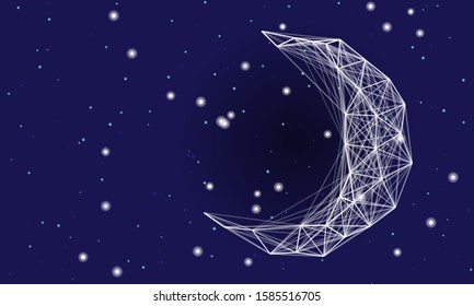 The young moon is made of high-tech lines and big star in center. Big data innovation technology. Blockchain network analysis.  Artificial intelligence. Vector illustration on black background