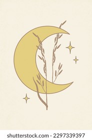 Young moon and meadow grass aesthetic poster. Mystical drawing, half moon