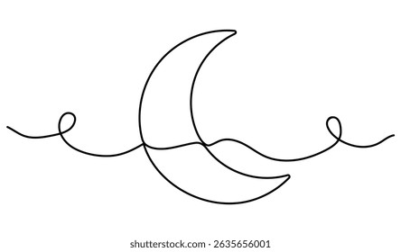 Luna joven con dibujo de línea continua de estrella. Símbolo de la noche. Ilustración vectorial aislada en blanco.