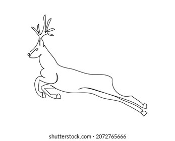 Young moose gallops one line art. Continuous line drawing of new year, freezing, holidays, deer, antlers, animal, forest, wild animal, helper of Santa Claus.